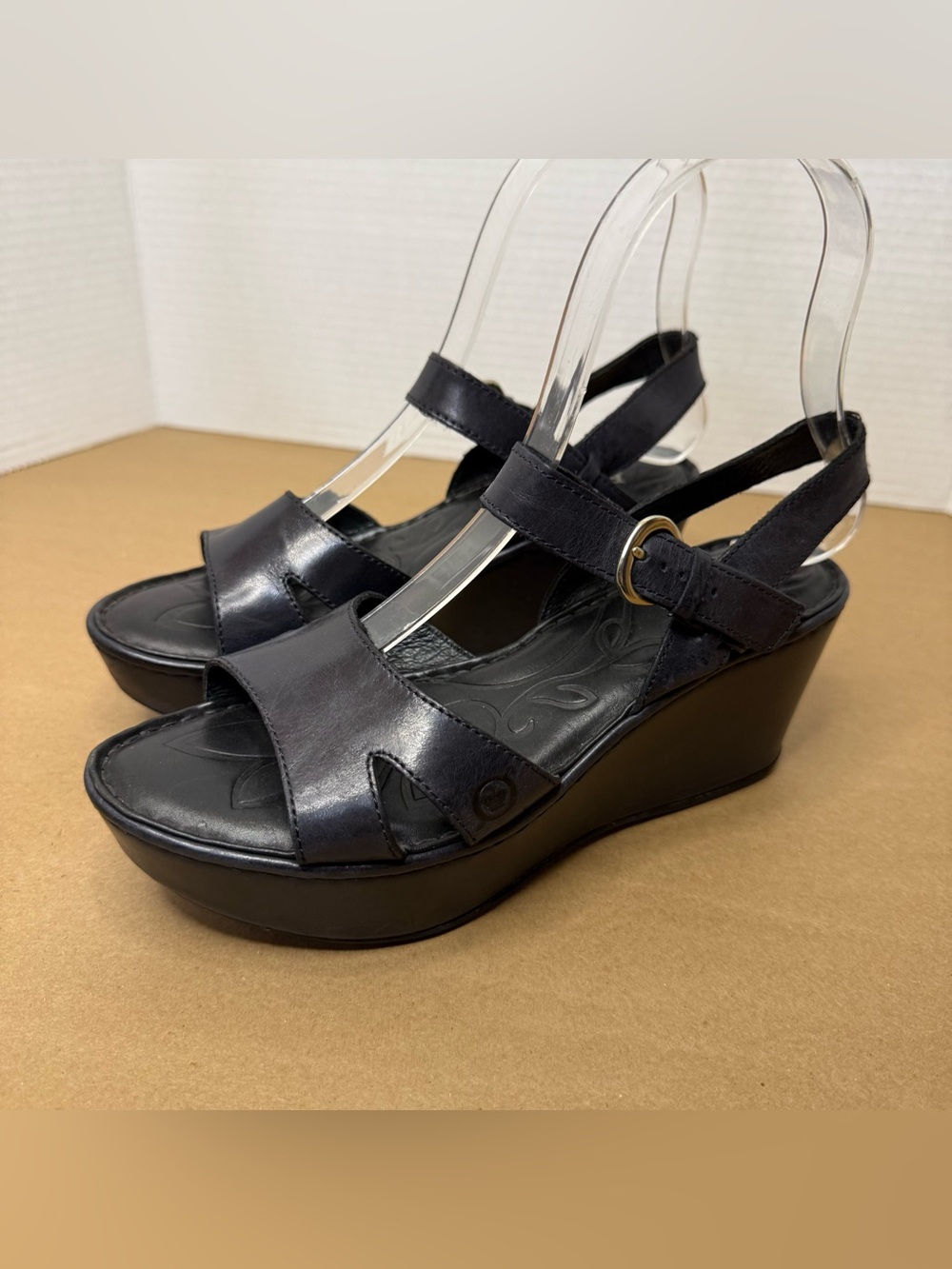 Born Black Leather T-Strap Wedge Sandals